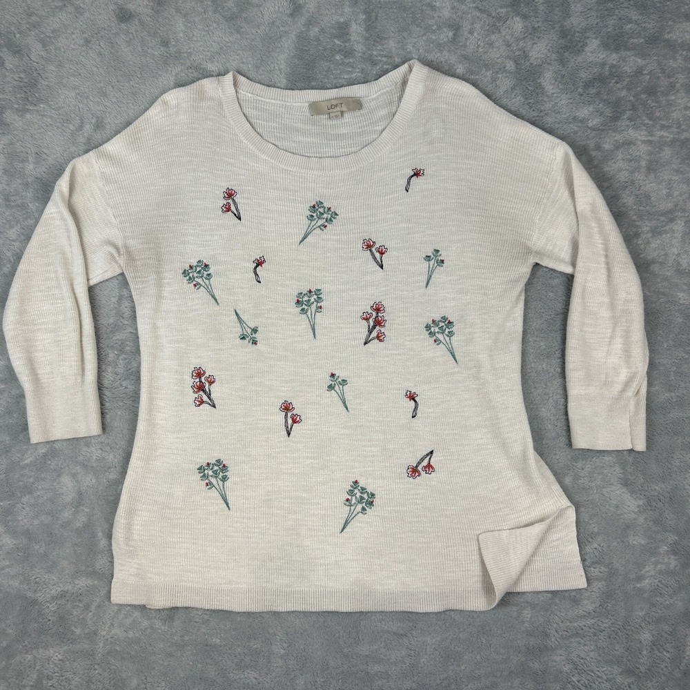 LOFT Womens Sweater Tunic Medium Embroidered Flowers Grandma Cottage‎ Cotton